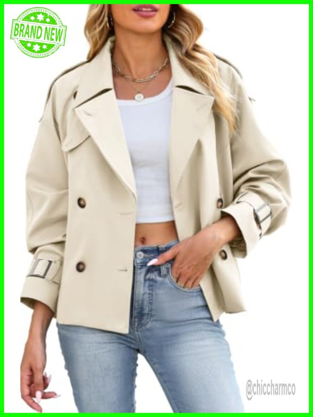 ELLEVEN Cropped Double Breasted Trench Coat Women's Casual Fall Jacket
